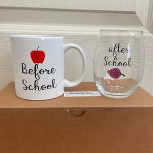 Before and after school mug and wine glass set